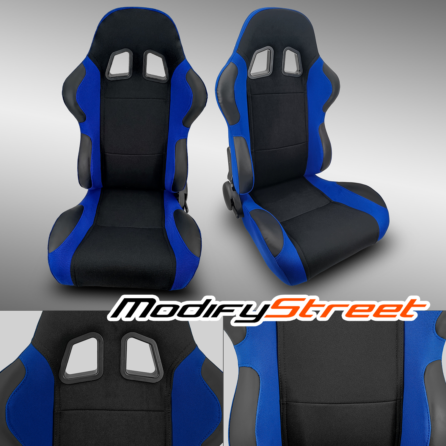 2 x BLUE+BLACK PINEAPPLE FABRIC/PVC LEATHER RACING BUCKET SEATS + SLIDER PAIR