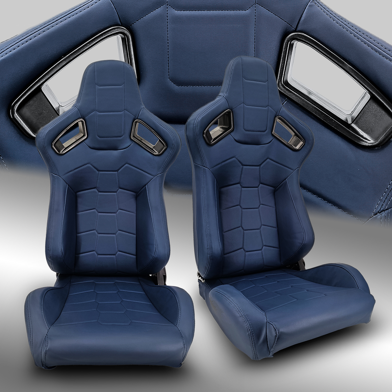 2 x Reclinable Blue PVC Main Leather Left/Right Racing Car Seats Slider