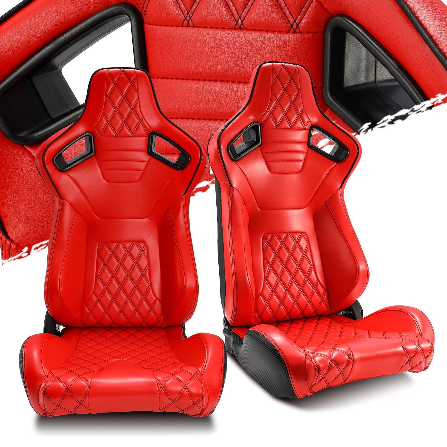 Red Diamond Leather Rear Black Carbon Fiber Left/Right Sport Racing Car Seats