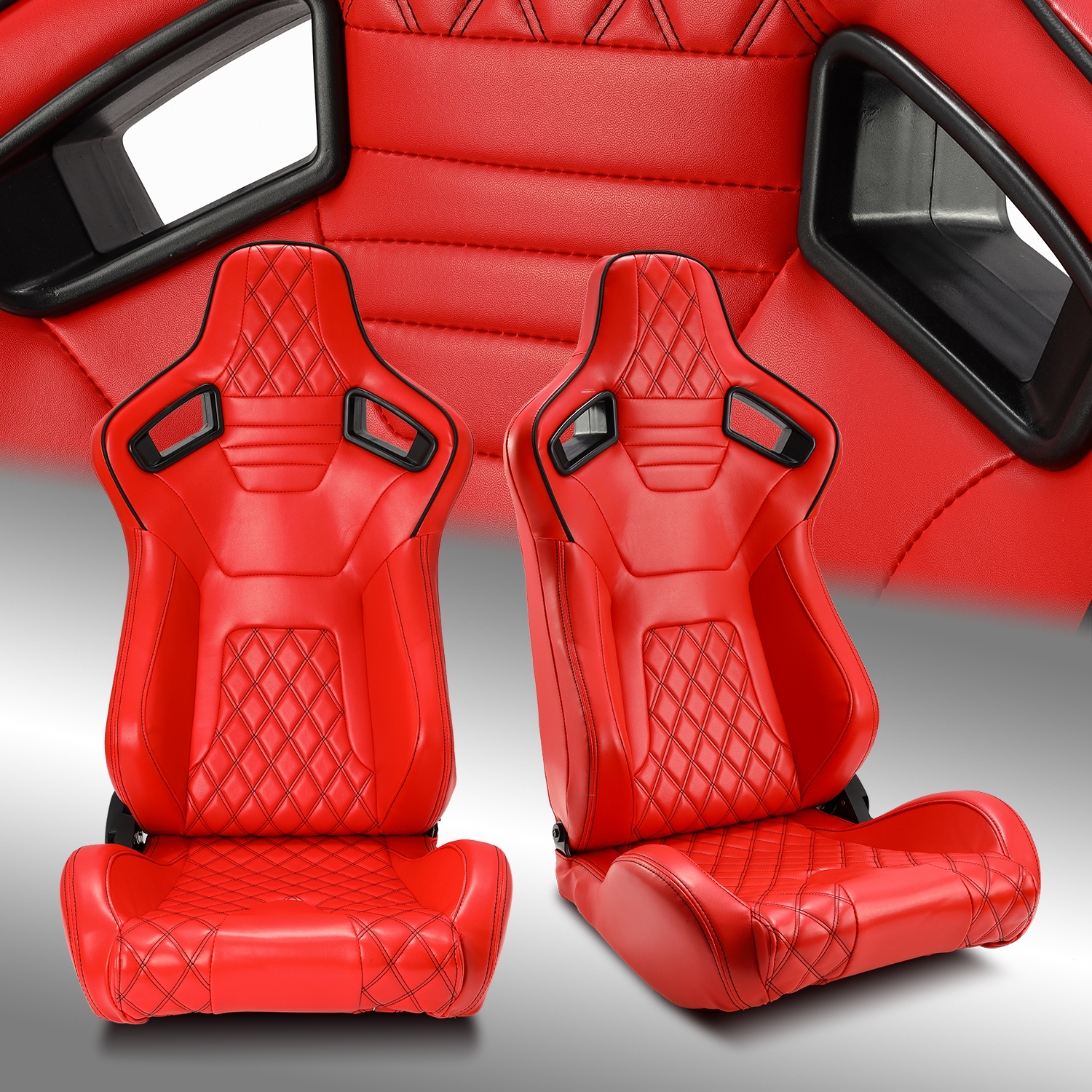 2 x All Red Diamond Leather Left/Right Sport Racing Car Seats Left&Right Pair